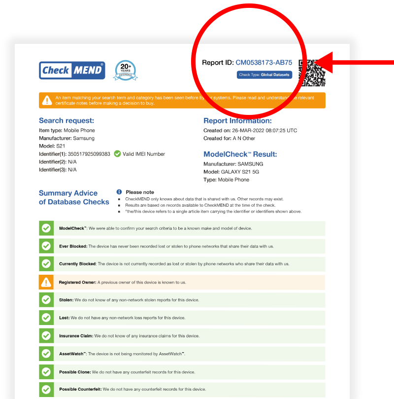 CheckMEND device history report example